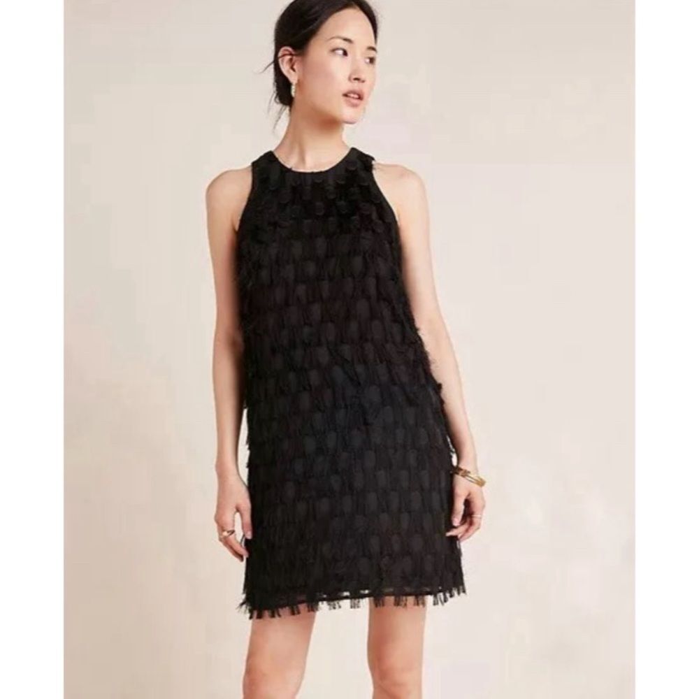 Anthropologie Roxie black fringe dot sleeveless shift dress